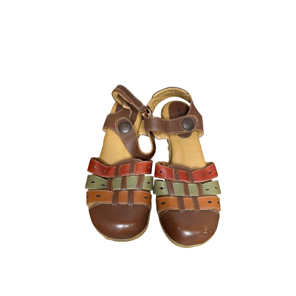 Softspots Womens 6M Leather Multi Color Woven Sandals Pillowtop Comfort Brown